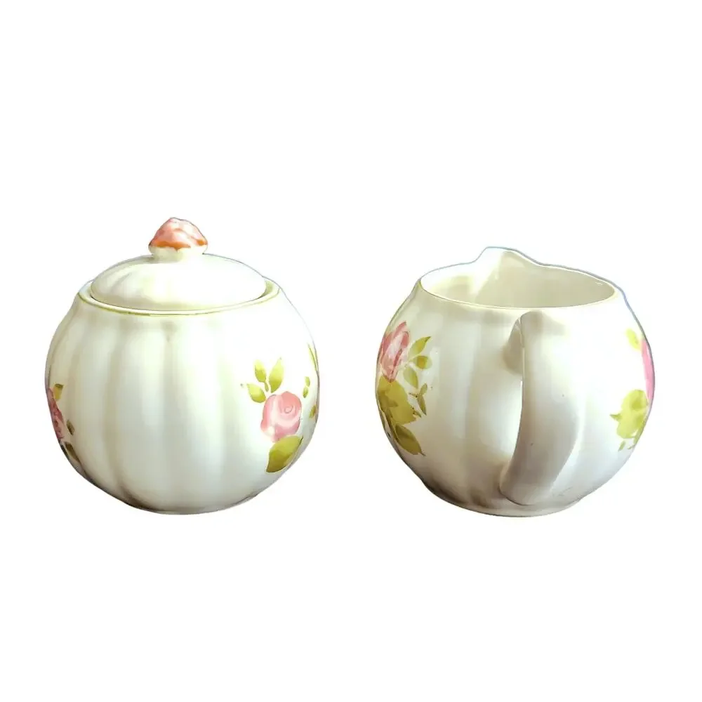 Gibson Roseland Porcelain Stoneware Vintage Sugar Bowl with Lid and Creamer Set - Picture 2 of 10